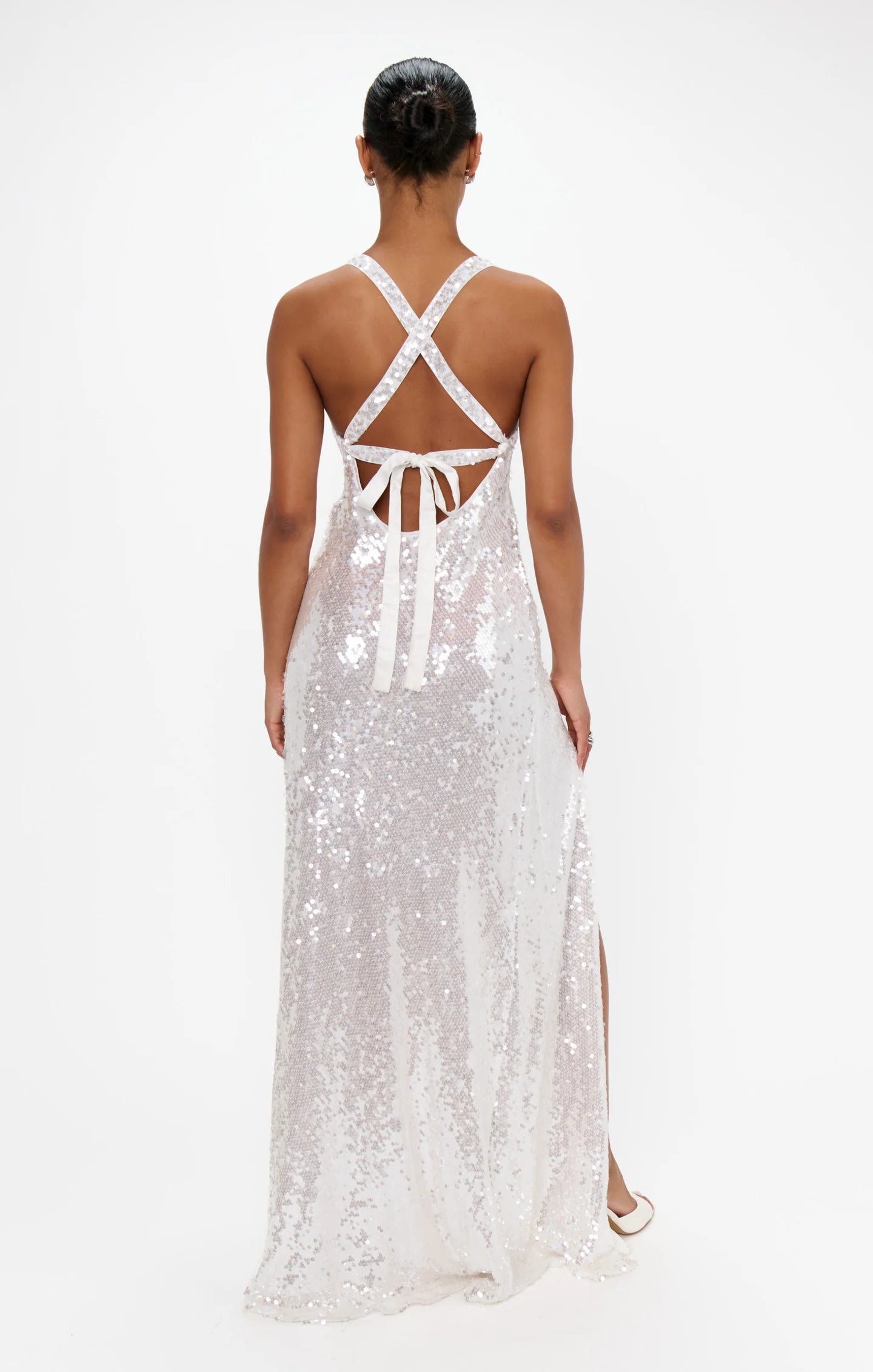 Weitese Dress V Neck Champagne Sleeveless Maxi Dress Column Sequins Backless Fashion Prom Dress With Slit